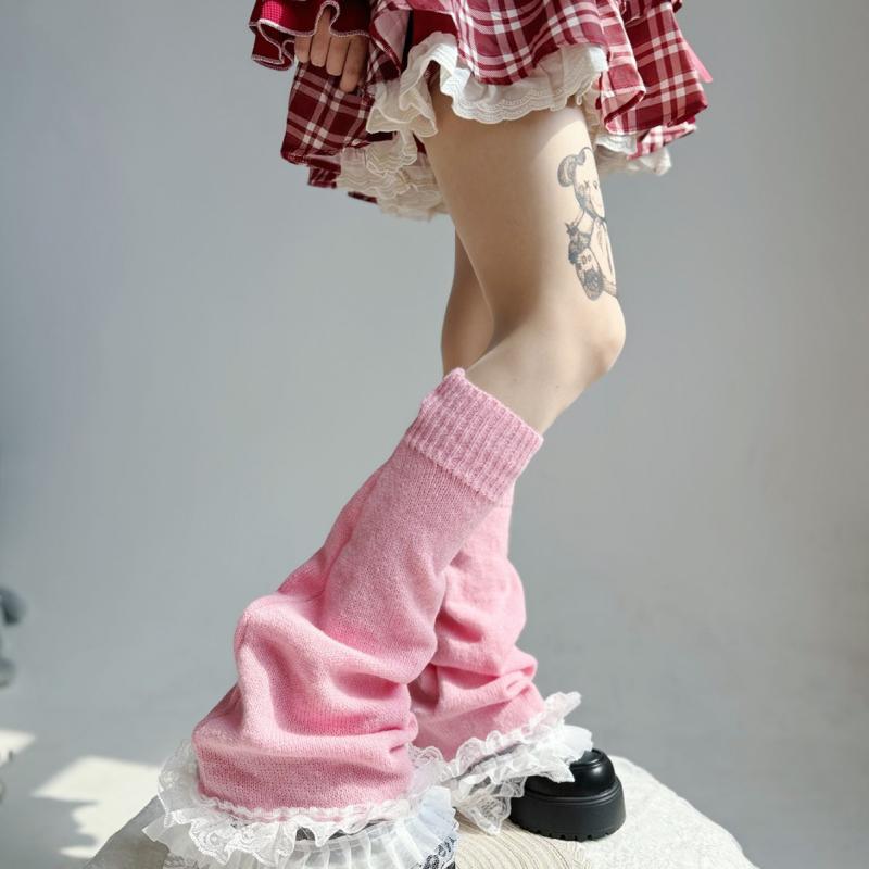 靴下 レディース ロリータ ソックス レッグウォーマー レース フリル かわいい ニーハイ あったか アクリル ピンク系 普段使い デート