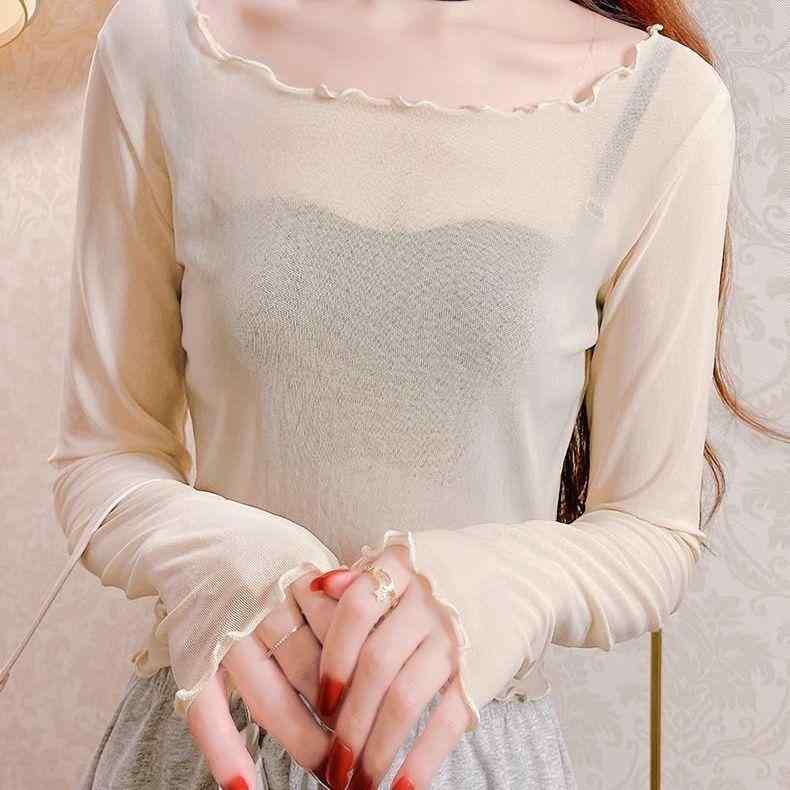 Tシャツ レディース 長袖 秋冬 薄手 大円襟 レース トップス 無地 タイト スリム 雪尼ール 杏色 黒 白