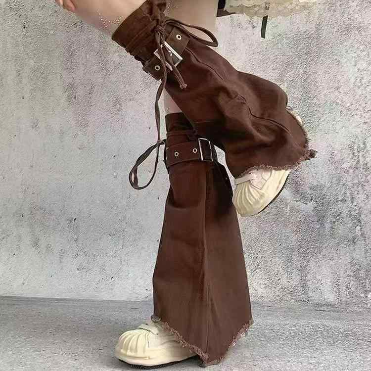 靴下 レディース レトロ ミラード ウォッシュド デニム ソックス ストリート ベルボトム レッグウォーマー ブラウン 通気性 コットン 四季