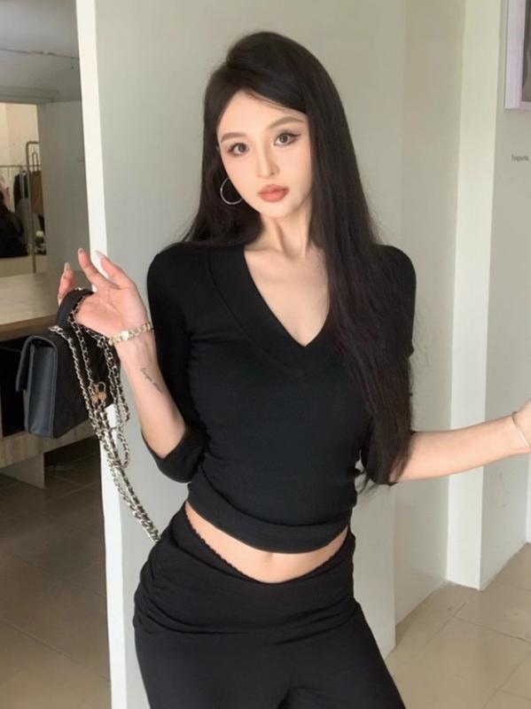 乐天商城 - Tシャツ レディース Vネック 七分袖 ポリエステル トップス カットソー スリム タイト 無地 切り替え ブラック