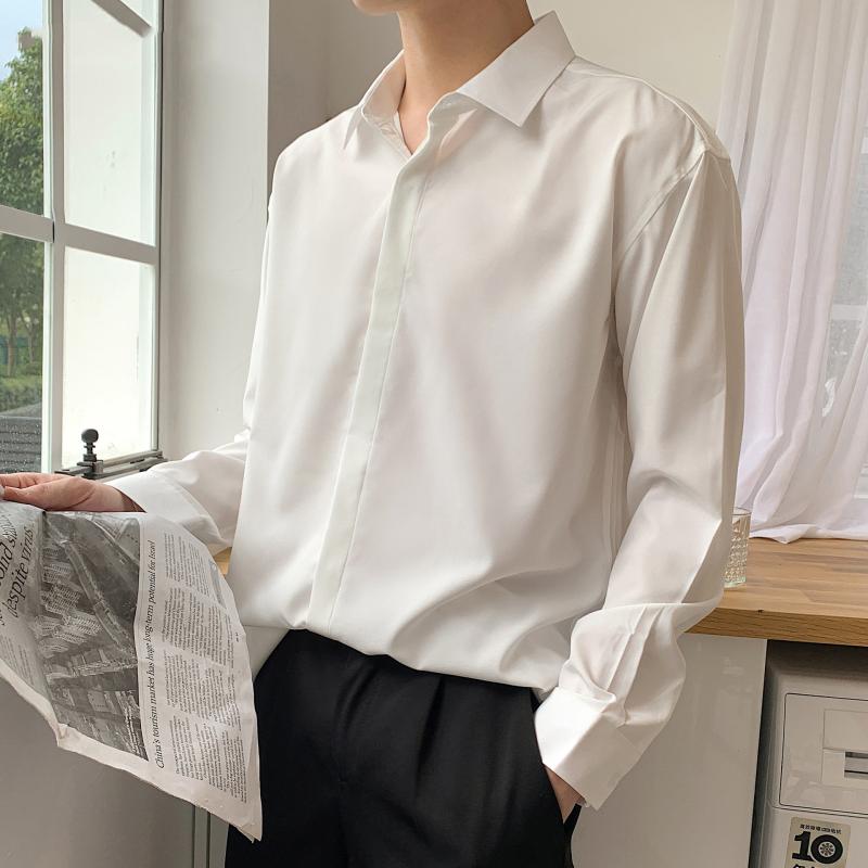 シャツ メンズ 男性用 トップス 長袖 無地 ゆったり リラックスフィット 接触冷感 形態安定 ホワイト ブラック
