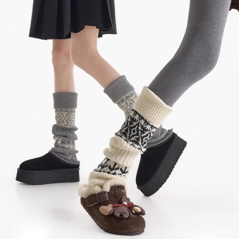 靴下 レディース ニーハイソックス レッグウォーマー ニット レトロ調 バイカラー アクリル あったか 冷え対策 秋冬