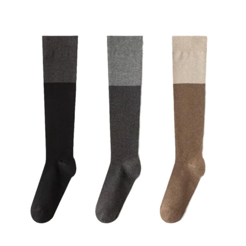 靴下 レディース 春秋冬 配色 オーバーニーソックス コットン混 小腿 痩身効果 高筒 ハーフ丈 レッグウォーマー 黒 茶 灰色