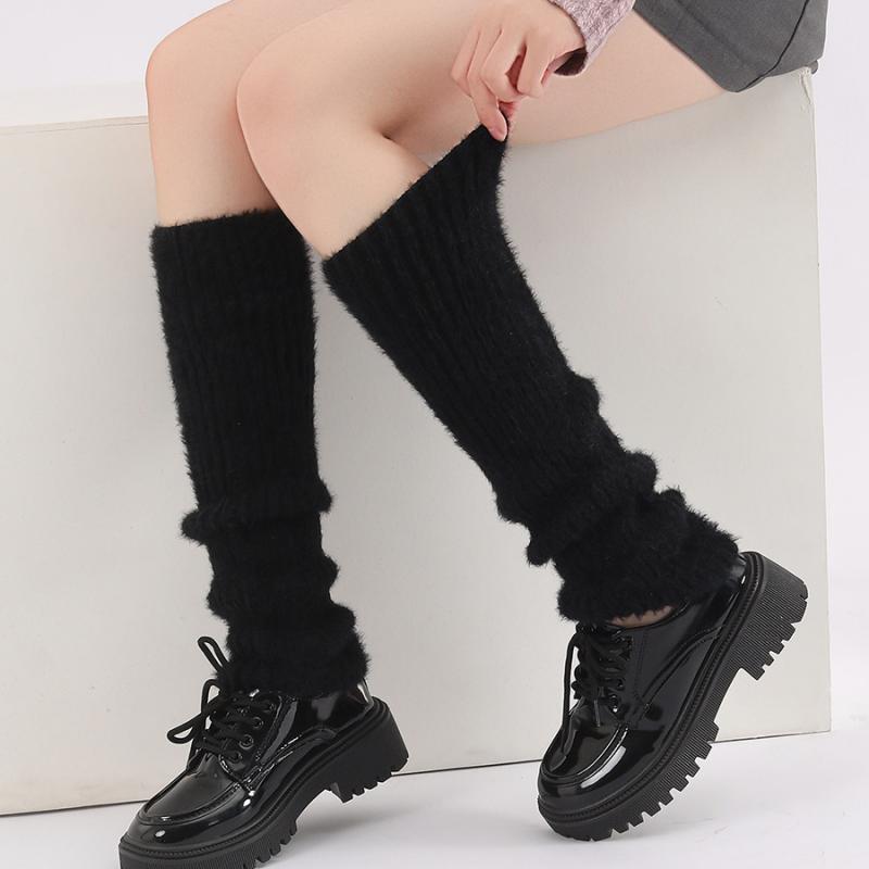 靴下 レディース ニット ソックス レッグウォーマー 小leg 原宿風 ルーズソックス 防寒 あったか 冷え取り ポリエステル 綿 混紡 ブラック ホワイト ピンク系 秋冬