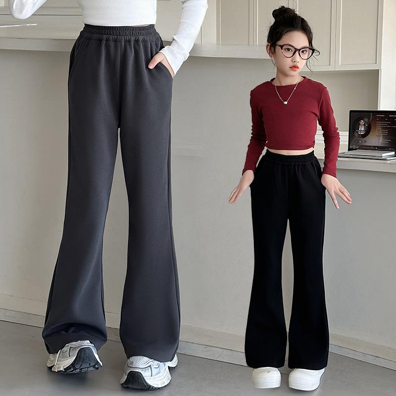 子供服 パンツ 春秋 女の子 カジュアルパンツ ニットロングパンツ 中学生 高校生 普段着 鉄灰 黒