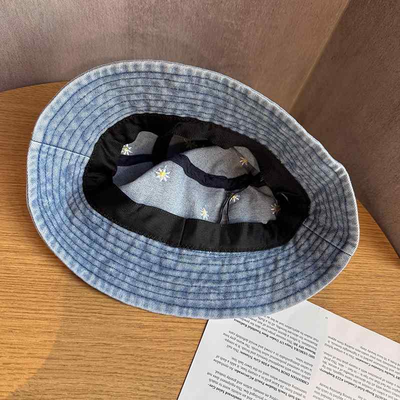 Hat - 漁夫帽 レディース メンズ 夏 春 秋 刺繍 デイジー 花柄 復古 洗い加工 デニム コットン 平頂 ワイドブリム 浅藍 深藍 黒 清新 甘い 植物 花卉 防晒 遮陽 韓国風 韓式 桶型 バケツハット