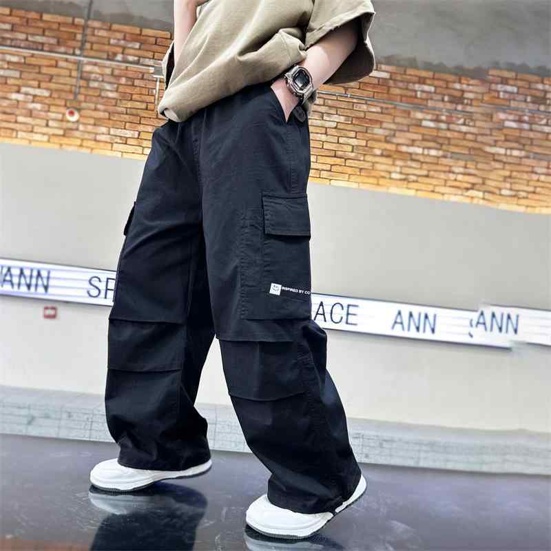 Other - 子供用ワークパンツ 男児 キッズ 薄手 ワイドレッグパンツ ロングパンツ 中大サイズ 子供服 カジュアルパンツ 綿 黒 カーキ色 春秋