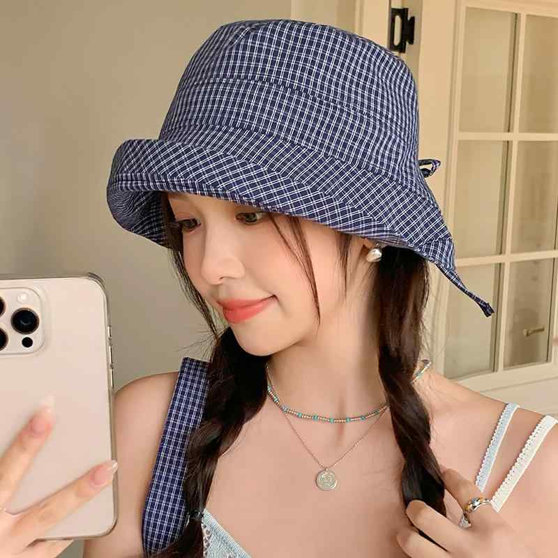 Hats - 女子 漁夫帽 春夏 格子柄 加長つば 蝶結び リボン 米色 紺色 緑色 綿ポリエステル 防晒 遮陽 防風 ファッション 百搭 桶帽 盆帽 かわいい コーデ 日常使い 軽量 丸頂 個性 潮風 ミックスカラー インスピレーション クール スイート