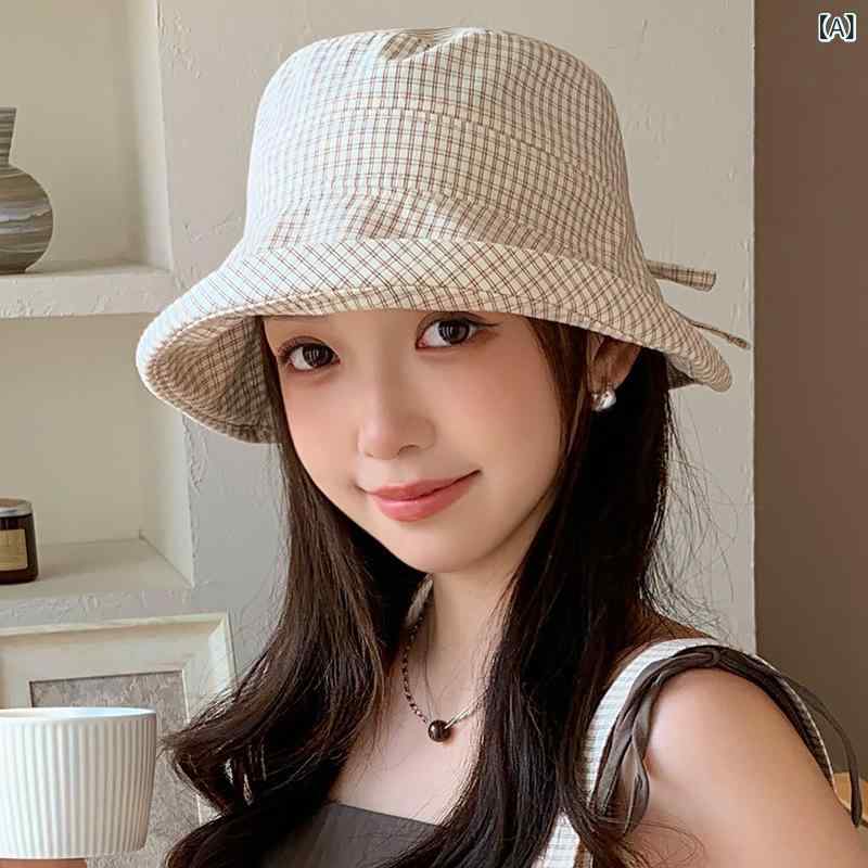女子 漁夫帽 春夏 格子柄 加長つば 蝶結び リボン 米色 紺色 緑色 綿ポリエステル ...