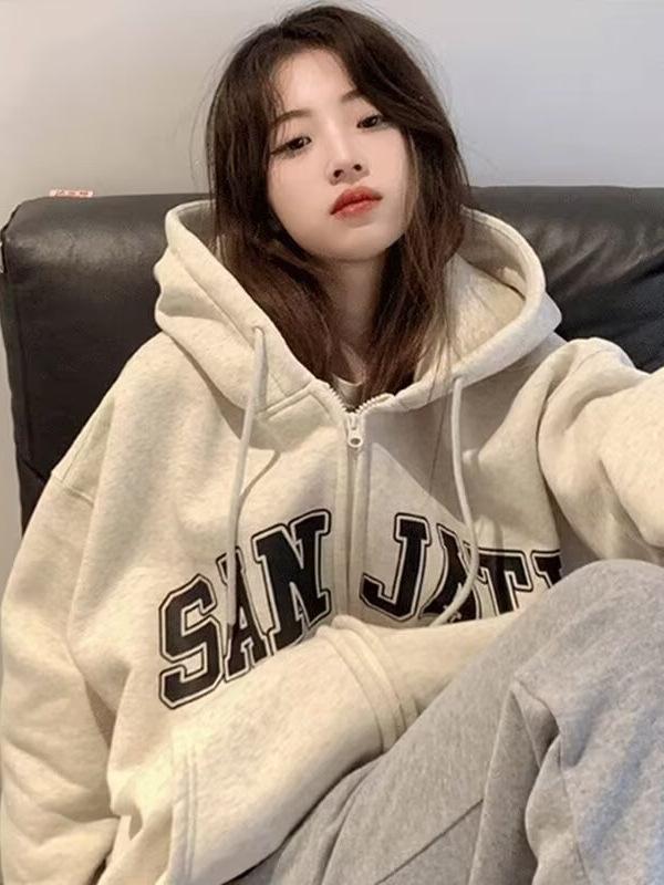 パーカー レディース 秋冬 裏起毛 ジップアップ スウェット カーディガン フーディ 杏色 黒 グレー ポリエステル混紡 ゆったり 韓国風 カジュアル