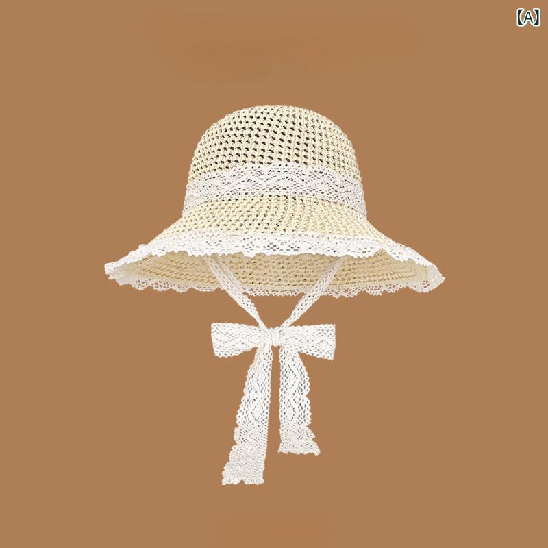 Hats - 草帽 女性用 透気 レース 花辺 紐付き 透かし 編み 防晒 レース辺 フィッシャーマン 米 卡其 粉 灰 紺 夏 海辺 沙滩 太陽 軽量 腈纶 素材 清新 甘美 スタイル 遮陽 機能 ビーチ トリップ ラベンダー エッジ サンスクリーン ストロー ハッ