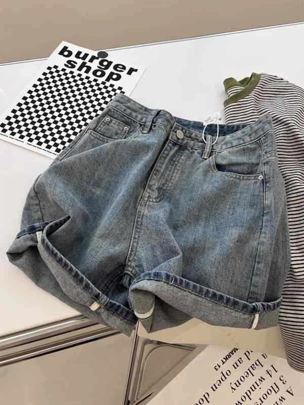 ショートパンツ レディース 夏物 ボーイフレンド風 ユニセックス レトロ ウォッシュ加工 ハイウエスト デニム ジーパン ワイドレッグ 着痩せ ホットパンツ