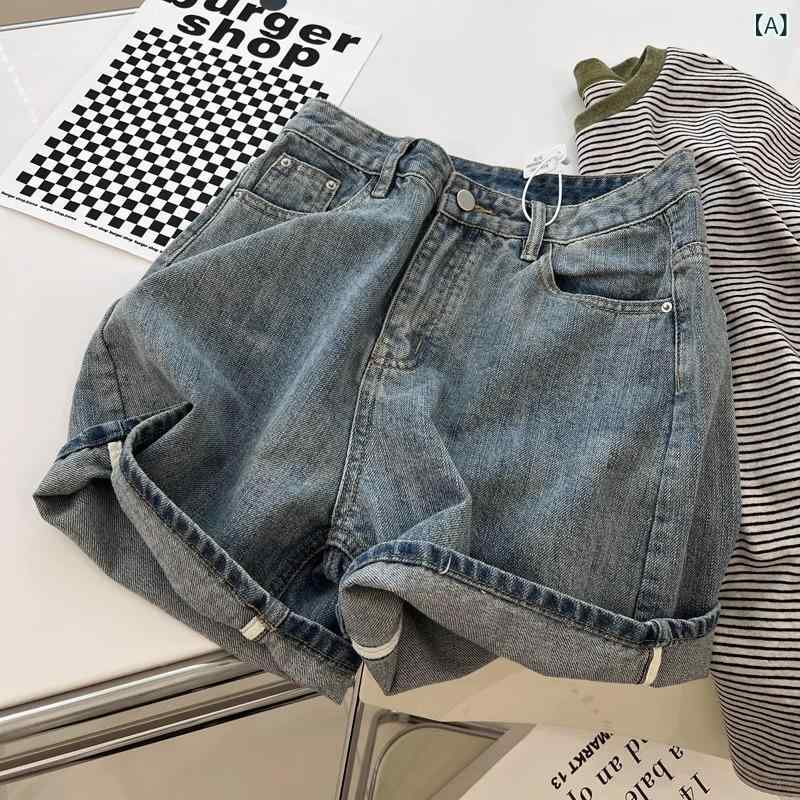 シャドーテールのショートパンツ レディース 夏物 ボーイフレンド風 ユニセックス レトロ ウォッシュ加工 ハイウエスト デニム ジーパン ワイドレッグ 着痩せ ホットパンツ｜アングル2