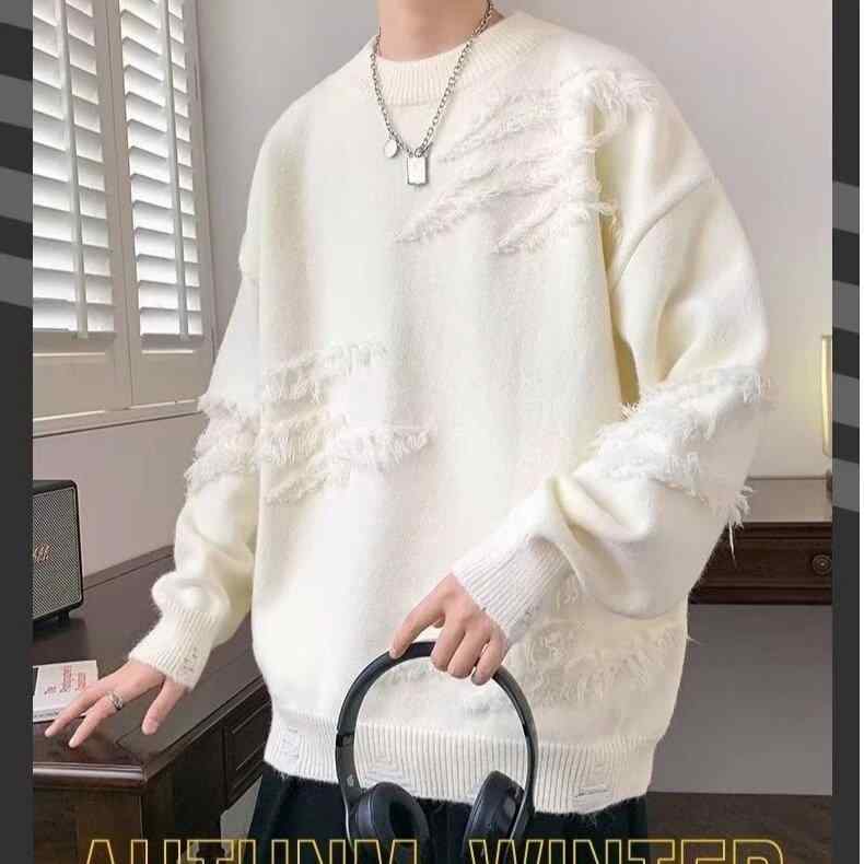ニット メンズ 長袖 丸首 プルオーバー 秋冬 カジュアル ゆるニット ゆったりサイズ トップス 韓国風 オシャレ 灰色 黒色 ベージュ