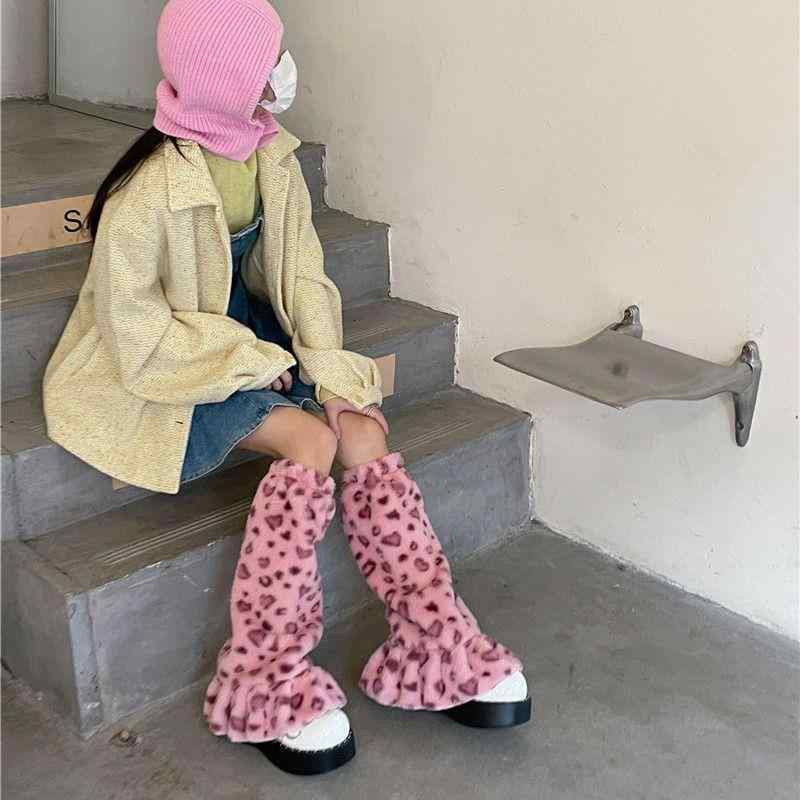 靴下 レディース レッグウォーマー ヒョウ柄 ふわふわ アクリル あったか 高筒 秋冬 ピンク系 かわいい 冷え対策 原宿 レトロ