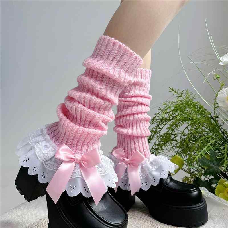 靴下 レディース ロリータ レッグウォーマー 秋冬 防寒 甘め かわいい レース フリル 中筒 ニーハイソ..