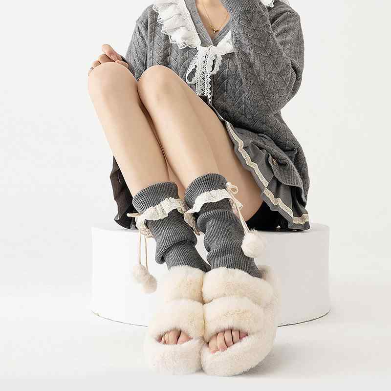 靴下 レディース 袜套 レッグウォーマー 秋冬 バタフライリボン ボンボン y2k ガーリー スパイシー 花柄レース フリル ショートソックス アクリル あったか 冷え対策 ホワイト レッド ピンク ブラック カーキ ライトグレー ダークグレー