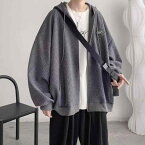 パーカー メンズ 秋物 フルジップ 無地 ポリエステル スポーツ カジュアル ブラック ホワイト グレー ルーズ