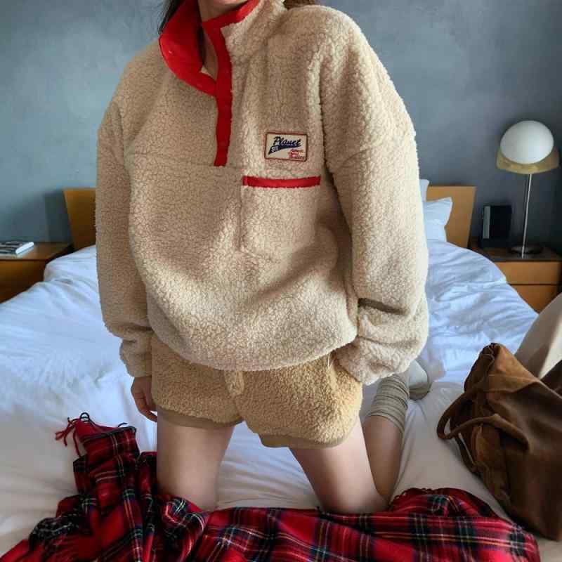 トレーナー レディース 韓国風 秋冬 レトロ 立襟 ロゴ アップリケ ゆったり 長袖 シープボア 厚手 暖かい プルオーバー トップス カットソー