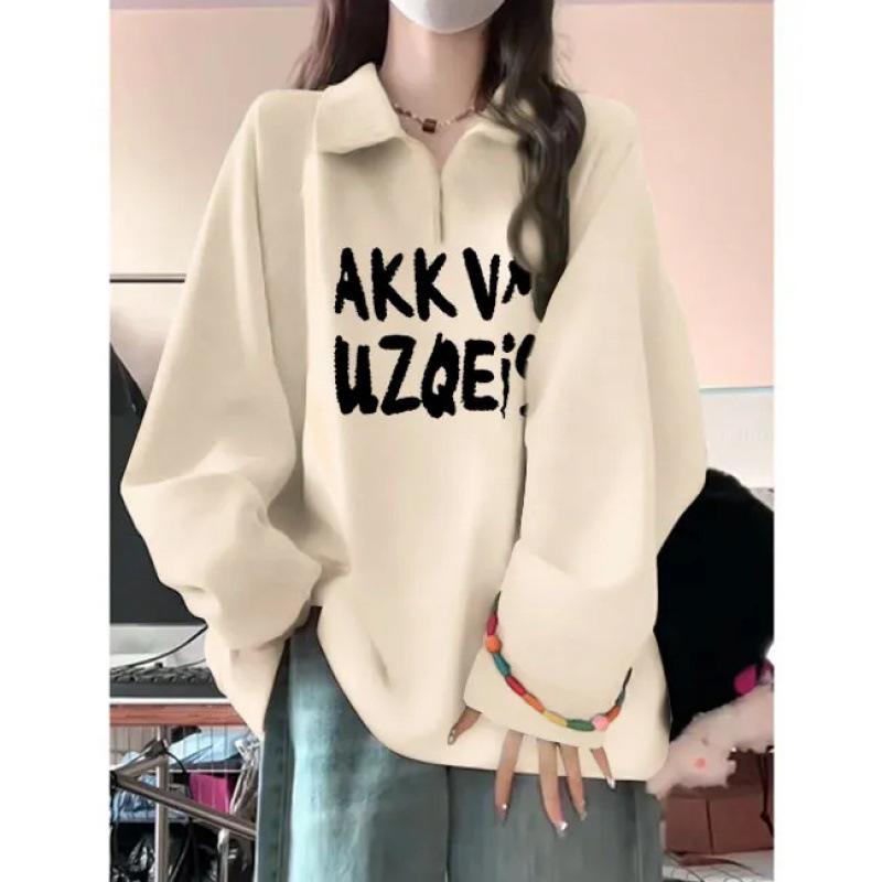 スウェット レディース 秋冬 裏起毛 ゆったり プルオーバー POLOネック トレーナー トップス カレッジスタイル ロゴプリント