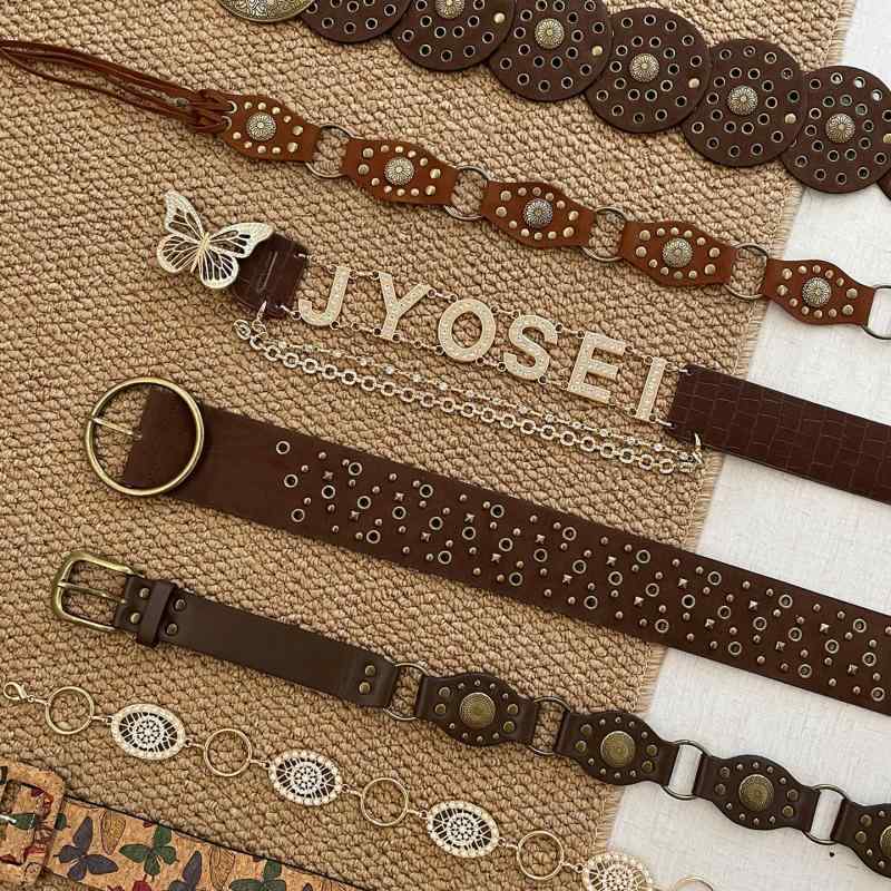 ベルト レディース ボヘミアン ウエスタン風 スタッズ スエード調 PUレザー スカート パンツ 民族風 幅広 合金バックル ブラウン系