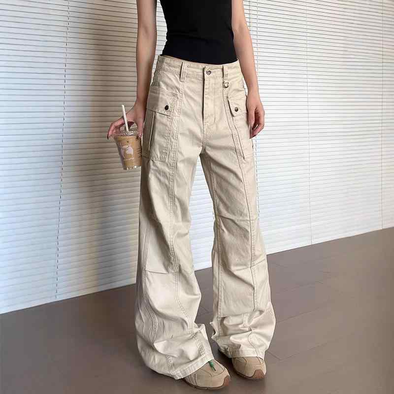 パンツ レディース 高腰 カーゴパンツ ストレート 微フレア コットン 混紡 ゆったり 洗い加工 カジュアル ストリート 無地 ワークパンツ ロングパンツ ズボン 春夏