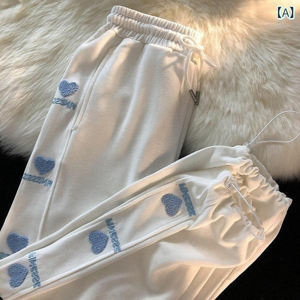 パンツ レディース 刺绣 スウェットパンツ 春秋冬 高腰 ワイドレッグ ゆったり 裾...