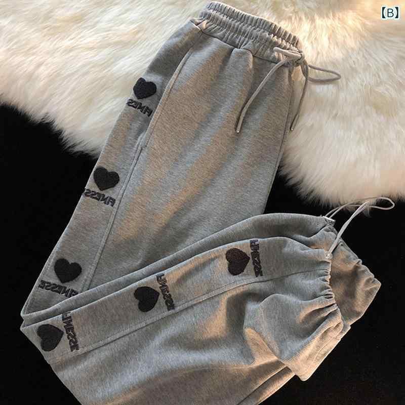 パンツ レディース 刺绣 スウェットパンツ 春秋冬 高腰 ワイドレッグ ゆったり 裾...