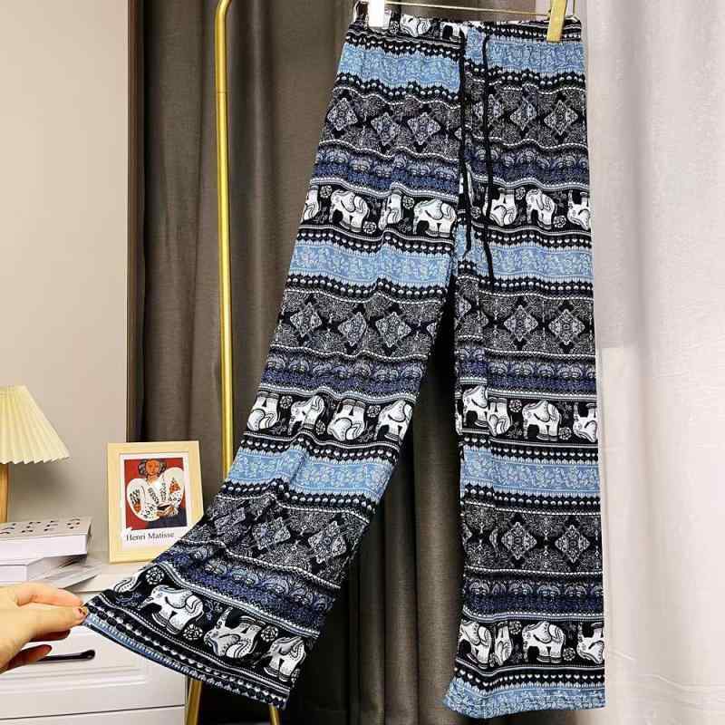 パンツ レディース 東南アジア タイ エスニック 象柄 ワイドレッグパンツ 高腰 ス...