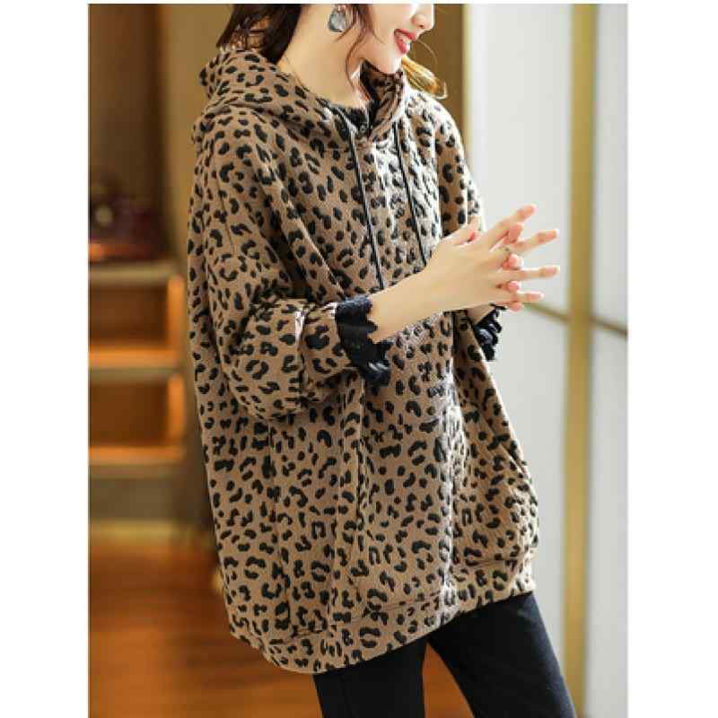 パーカー レディース 大きいサイズ ヒョウ柄 プリント 厚手 長袖 プルオーバー 秋冬 ゆったり 普段使い 通勤 ポリエステル