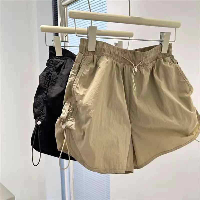 ハーフパンツ レディース ワイド Aライン ドローストリング 速乾性 カジュアルパンツ 脚長効果 カーキ色 黒色 S M L XL 2XL ポリエステル