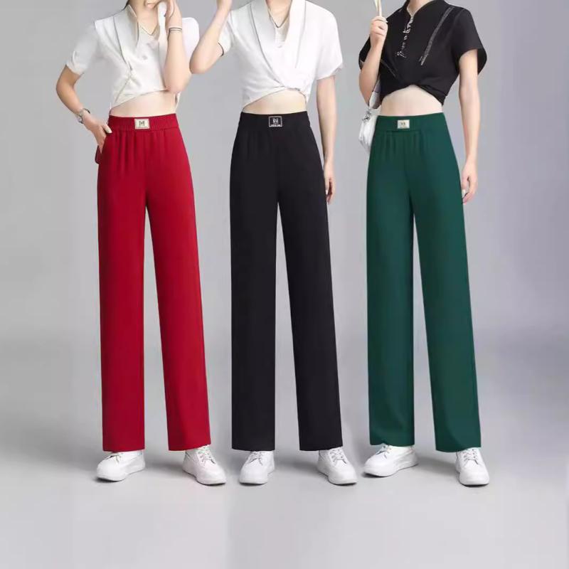 パンツ レディース ストレートパンツ ワイドレッグパンツ 接触冷感 薄手 ポリエステル ブラック レッド グリーン 春夏 ハイウエスト ゴムウエスト 伸縮性 リラックス 普段使い
