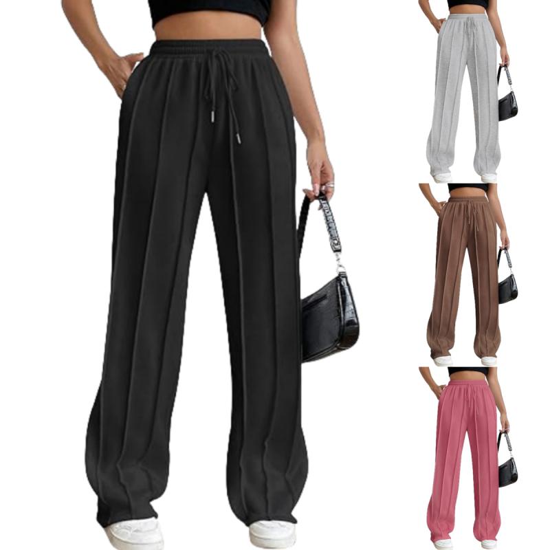 パンツ レディース 伸縮性 ドローストリング ハイウエスト ワイドレッグパンツ ゆったり カジュアル ス..