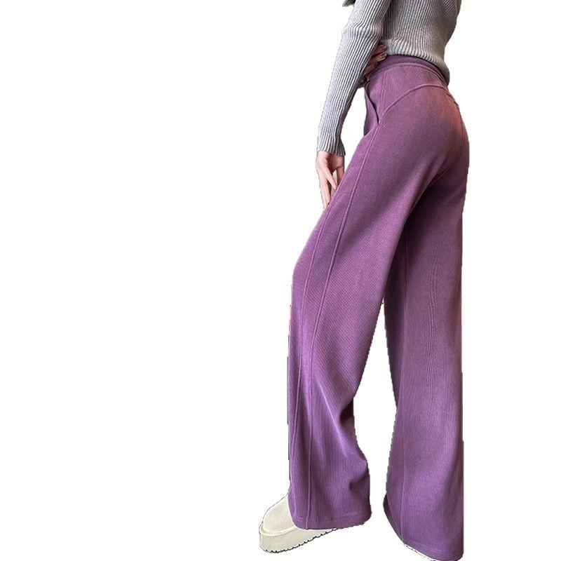 パンツ レディース 秋冬 加絨 ワイドレッグパンツ ポリエステル ゆったり ストレート ズボン ゴムウエスト 厚手 あったか 暖か 伸縮性 パープル グレー ベージュ ブラック ピンク
