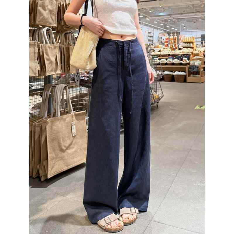 パンツ レディース 天丝亚麻 ワイドレッグパンツ 高見え 接触冷感 涼しい 無地 ストレートパンツ ズボン 春夏 紺色 ネイビー系 白色 オフホワイト系