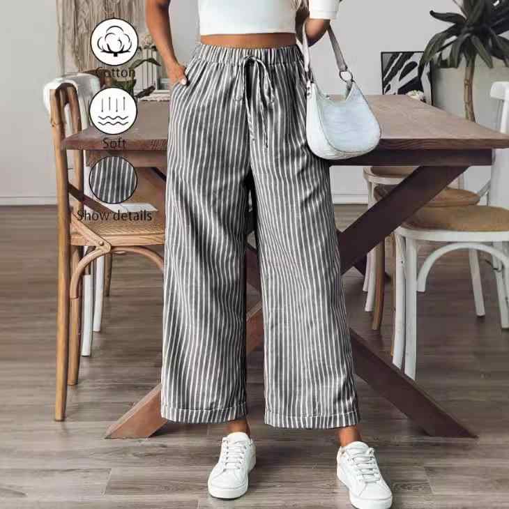 パンツ レディース ストライプ柄 9分丈 ゆるシルエット ワイドレッグパンツ イージーパンツ ポリエステル ブラック イエロー系 ブルー系 リラックス 伸縮性