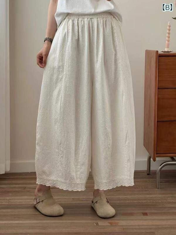 パンツ レディース 森ガール 麻 リネン ワイドレッグ レース 切り替え 花柄 ゆったり ストレート ウエストゴム ミディアム 厚手 春夏