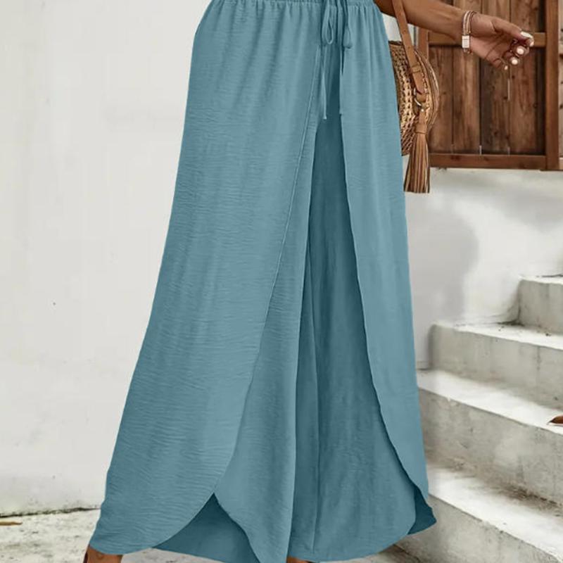 パンツ レディース 春夏秋 軽薄 通勤 ワイドレッグパンツ ポリエステル混紡 ゆったり ウエストゴム 無地 薄手 豆緑色 ブラック 杏色 カーキ ネイビー