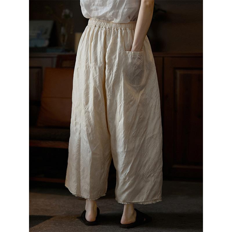 カジュアルパンツ レディース 柞蚕糸 ゆったり ワイドレッグパンツ 九分丈 ウエストゴム 普段使い 通勤 接触冷感 ルーズフィット 薄手 春夏