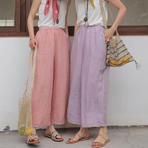 パンツ レディース 麻 リネン 9分丈 ワイドレッグパンツ ウエストゴム カジュアル 日韓風 ゆったり ストレートパンツ 西瓜レッド ローラン紫 浅灰ブルー