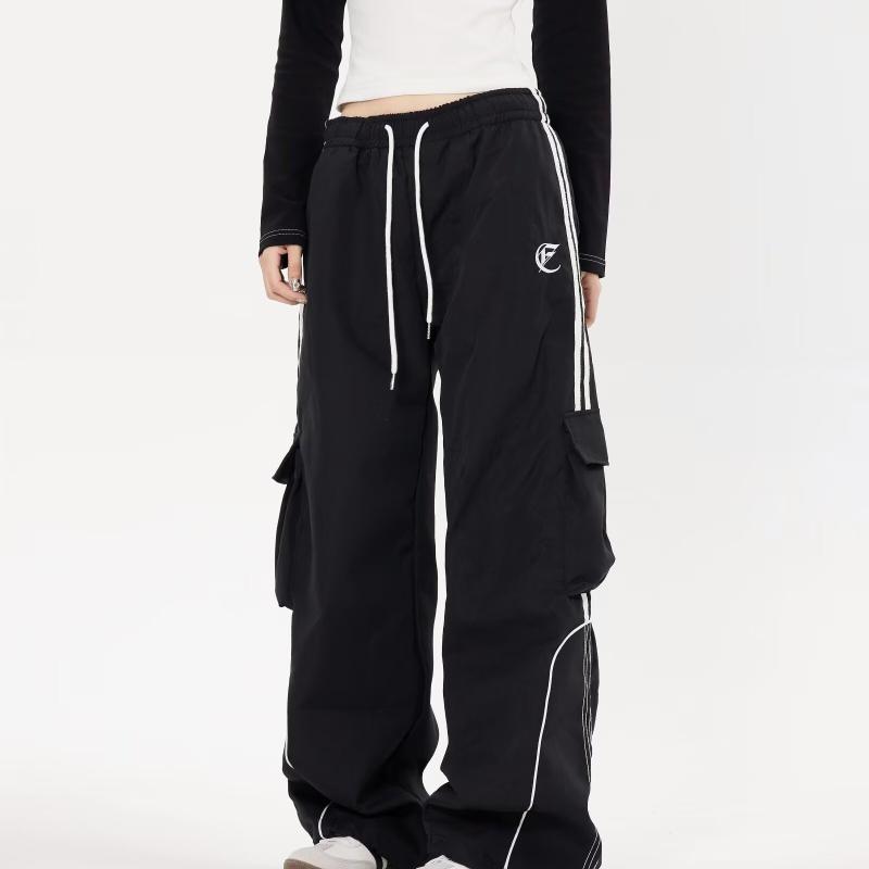 パンツ レディース ワークパンツ カーゴパンツ 黒 春 スポーティー 힙합 ストリート ダンス ルーズ ワイド ゆったり 中腰 ロングパンツ ポリエステル