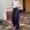 レディース ワイドレッグパンツ コットン混紡 高腰 ストレート ゆったり 美脚 ロング丈 イージーパンツ ルームウェア 普段使い ブラック オフホワイト グレー ブルー