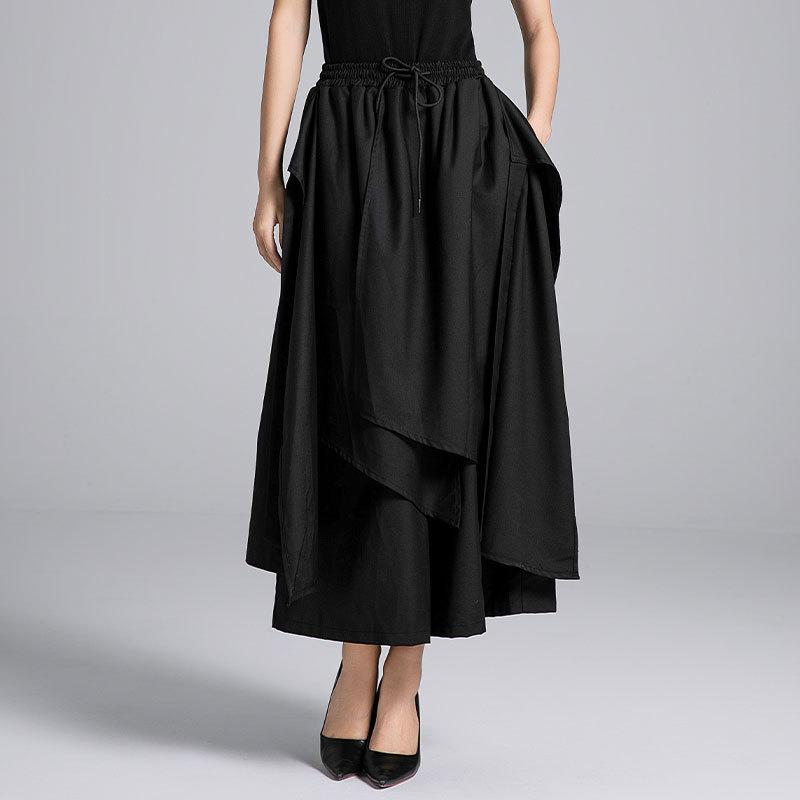 パンツ レディース レトロ ワイドレッグパンツ カジュアルパンツ ファッション 高腰 ウエストゴム ゆったり 9分丈 黒 ブラック ストリート 秋冬