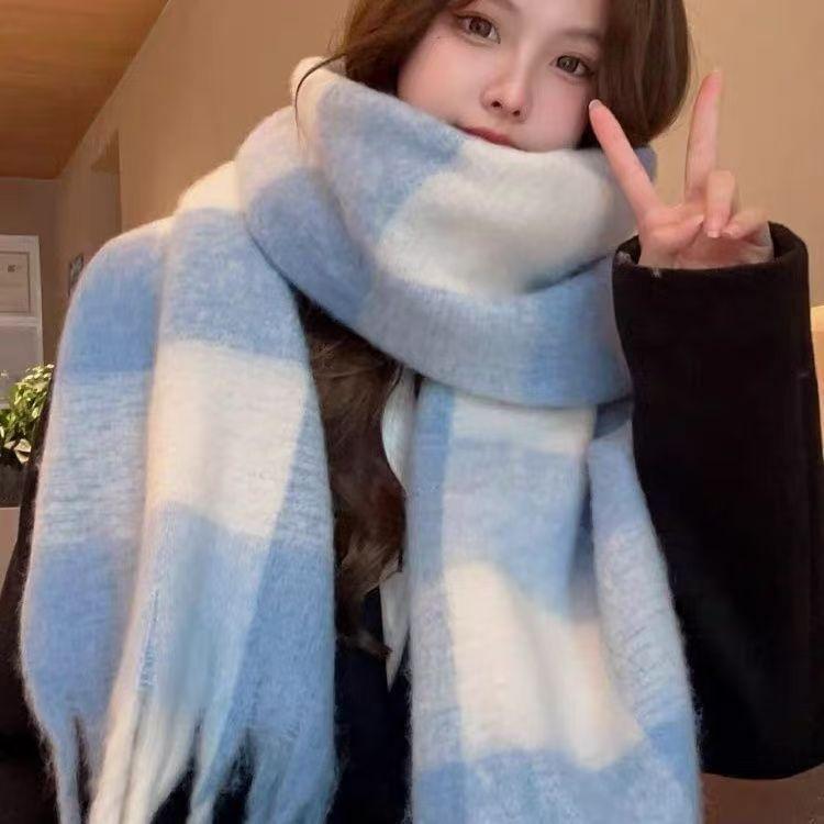 マフラー レディース 秋冬 格子柄 ストール ショール 暖かい 厚手 210cm 7色 96%ポリエステル 街頭 小..