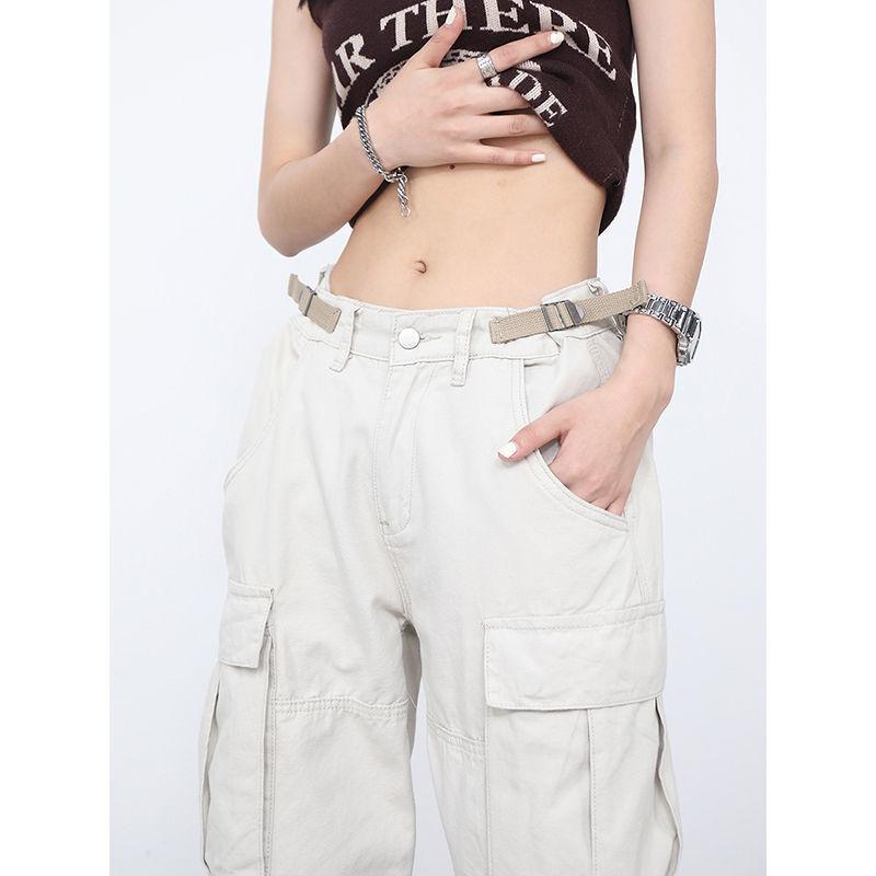 ワークパンツ 男女兼用 ストリート系 カーゴパンツ ワイドレッグパンツ 綿混紡 高腰 ブラック カーキ