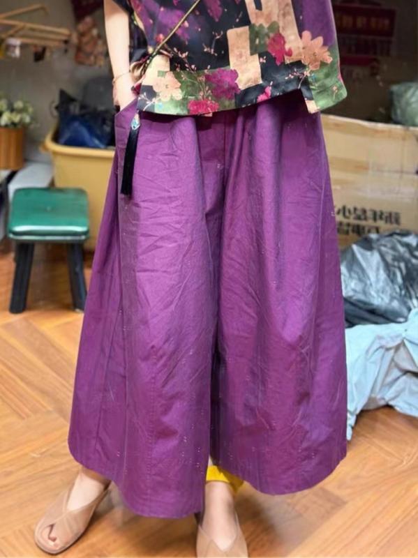 洋貨（西服, 帽子, 泳衣, 雨衣） - カジュアルパンツ レディース ピマコットン 無地 ゆったり ワイドレッグ 9分丈 ズボン 文芸風 レトロ 薄手 ゴムウエスト ブラック グリーン ブルー パープル