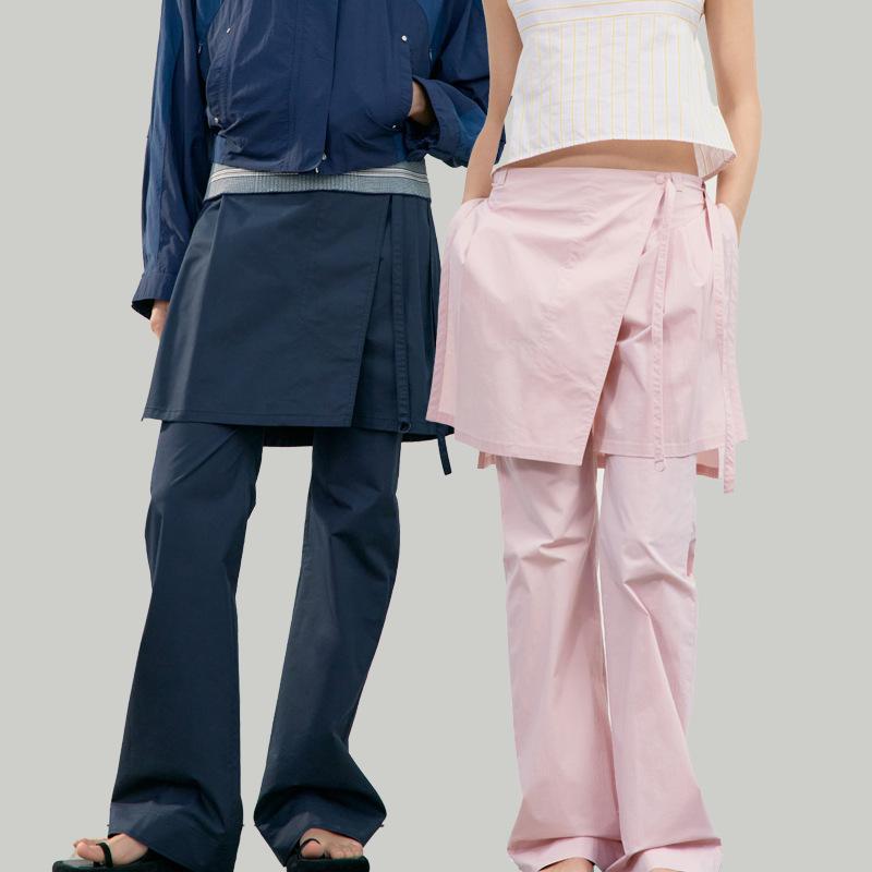 スカート レディース 春季 膝下丈 デザイン 切り替え コットン混紡 ゆったり ネイビー グレー