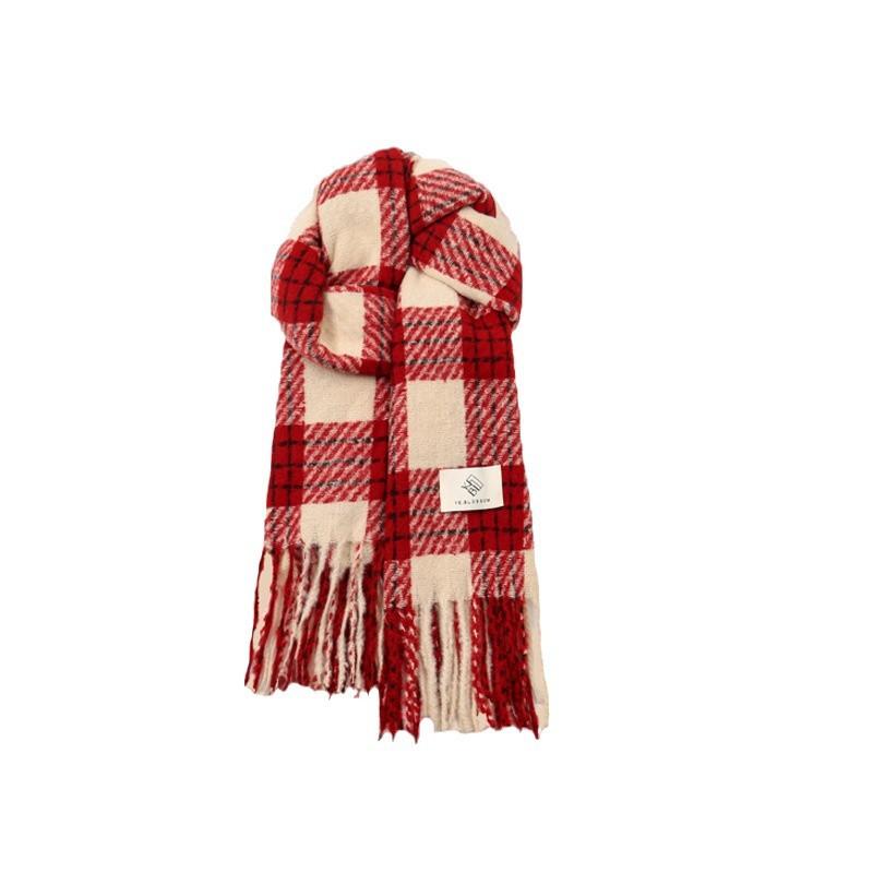 マフラー レディース 秋冬 チェック柄 大判 ストール ショール 暖かい 防寒 かわいい ガーリー 赤色 ク..