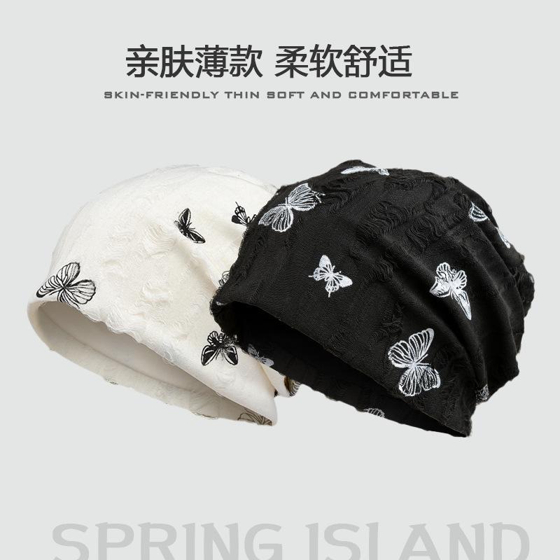 ニット帽 レディース ビーニー バタフライ 蝶柄 コットン 医療用帽子 ケア帽子 防風 保温 通気性 秋冬