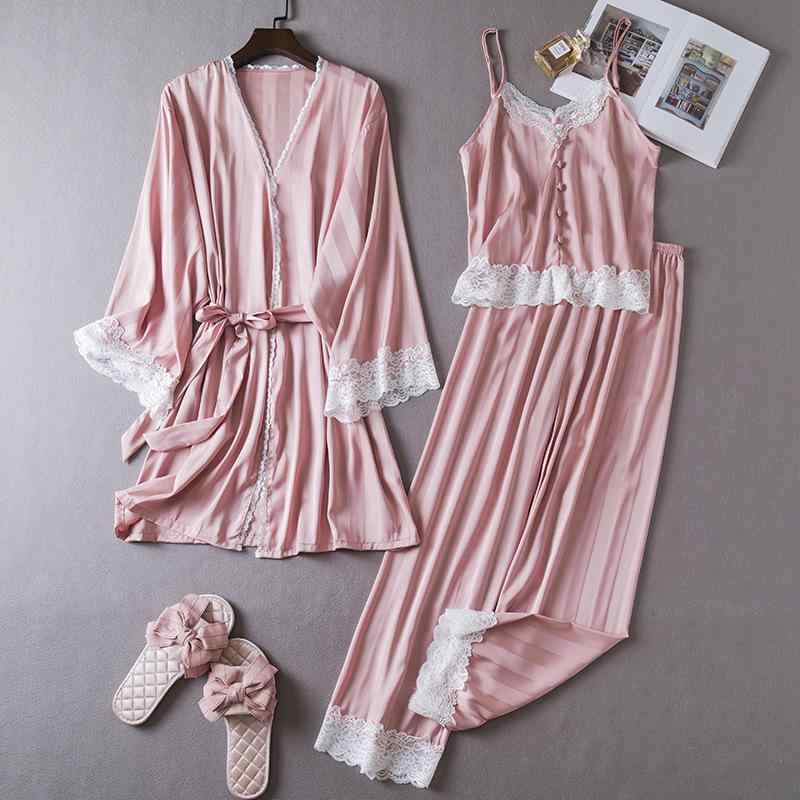 パジャマ レディース 春夏 長袖 長ズボン 3点セット セクシー ルームウェア 部屋着 寝間着 Vネック ポリエステル 薄手 涼しい 快適 パープル ピンク ブラック ホワイト グリーン